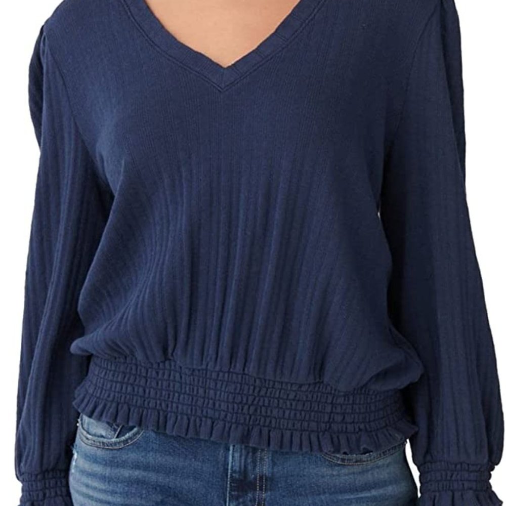 Lucky Brand Women's Long Sleeve V-Neck Smocked Pointelle Top XS NWOT